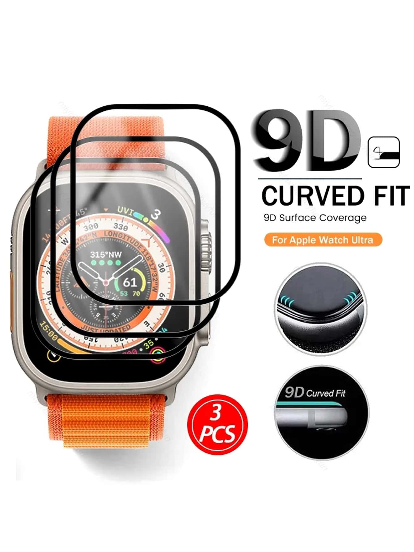 3 màng TPU mềm viền đen, tương thích với Apple Watch Ultra/SE/8/7/6/5/4/3/2/1, Phù hợp với 38/40/41/42/44/45/49mm - màu đen - Xem 1