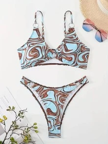 Fluid Printed Circular Ring Bikini Swimwear Summer - Brown - View 2