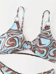 Fluid Printed Circular Ring Bikini Swimwear Summer - Brown - View 4
