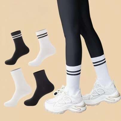 4 pares/Set de calcetines deportivos casuales y transpirables a media pantorrilla con rayas para mujer, otoño