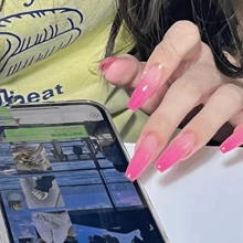 夏季漸層桃粉色假指甲貼紙，女性和女孩指甲用品 - 粉色 - 查看 1