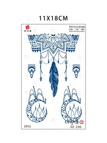 草本手部暫時性紋身貼紙(持續7-14天),一套2個羽毛和鏈式手部暫時性紋身貼紙,手指和手腕組合暫時性紋身貼紙為手鏈吊墜設計,一次性紋身貼紙,非常適合女性沙漠風手部暫時性紋身貼紙 - 藍色 - 查看 5