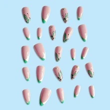 24 件/包女士和女孩的法式绿色蝴蝶柳条设计和水钻假指甲，杏仁形，高端指甲贴纸，美甲成品按压指甲美甲用品指甲 - 彩色 - 查看 3