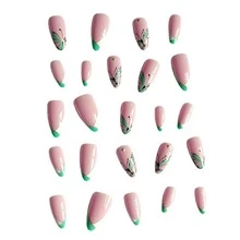24 件/包女士和女孩的法式绿色蝴蝶柳条设计和水钻假指甲，杏仁形，高端指甲贴纸，美甲成品按压指甲美甲用品指甲 - 彩色 - 查看 5