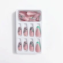 24 件/包女士和女孩的法式绿色蝴蝶柳条设计和水钻假指甲，杏仁形，高端指甲贴纸，美甲成品按压指甲美甲用品指甲 - 彩色 - 查看 6