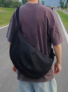 1 件黑色纯色尼龙布防水新月形单肩包，容量大，带拉链，适合男士日常、通勤、旅行和学校学院包钱包节日收纳袋假期圣诞节感恩节礼物胸包皮包流浪包腰包礼品包露营单肩包夏季返校夏季包春假包斜挎包时尚男士包 - 黑色 - 查看 5