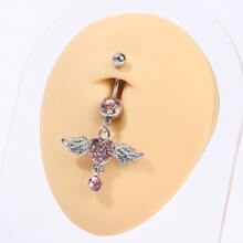1pc Women's Sexy & Sweet Heart & Wing Design Pink Rhinestone Belly Ring - Silver - View 4