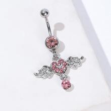 1pc Women's Sexy & Sweet Heart & Wing Design Pink Rhinestone Belly Ring - Silver - View 3
