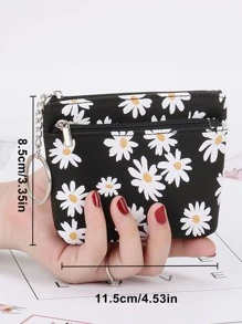 1pc Fresh Daisy Floral Print Zipper Women Card Holder Keychain For Women Wallet Mini Wallet Purse Wallet Coin Wallet - Black - View 4