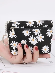 1pc Fresh Daisy Floral Print Zipper Women Card Holder Keychain For Women Wallet Mini Wallet Purse Wallet Coin Wallet - Black - View 1