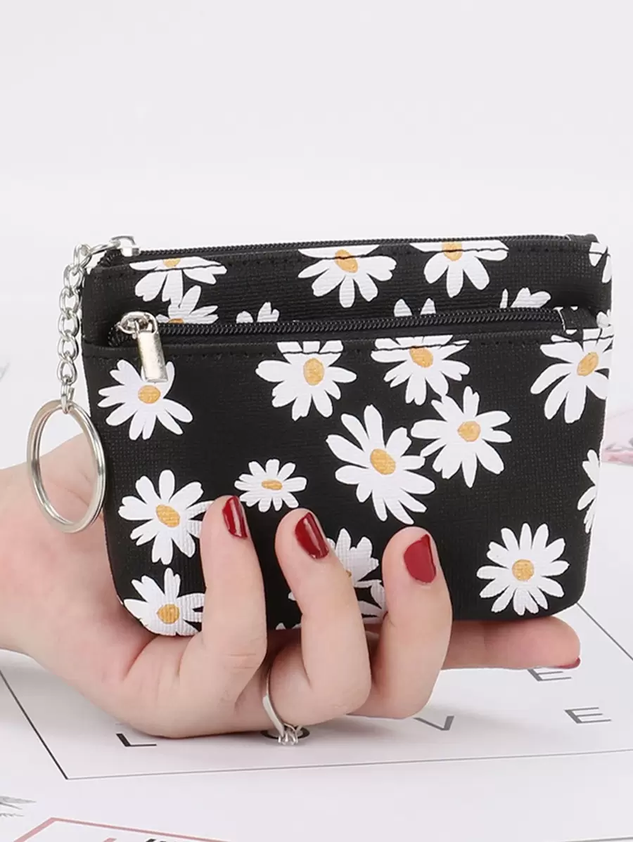 1pc Fresh Daisy Floral Print Zipper Women Card Holder Keychain For Women Wallet Mini Wallet Purse Wallet Coin Wallet - Black - View 1