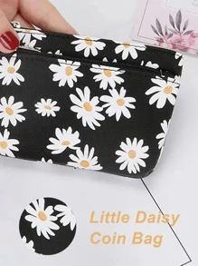 1pc Fresh Daisy Floral Print Zipper Women Card Holder Keychain For Women Wallet Mini Wallet Purse Wallet Coin Wallet - Black - View 3
