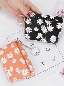 1pc Fresh Daisy Floral Print Zipper Women Card Holder Keychain For Women Wallet Mini Wallet Purse Wallet Coin Wallet - Black - View 5