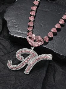 Cadena de eslabones Iced Out para hombres y mujeres, Collares de cadena de letra de Hip Hop, Colgantes de encantos de boca de labios Joyas Regalos para chicas - Plateado - Ver 2