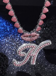 Cadena de eslabones Iced Out para hombres y mujeres, Collares de cadena de letra de Hip Hop, Colgantes de encantos de boca de labios Joyas Regalos para chicas - Plateado - Ver 5