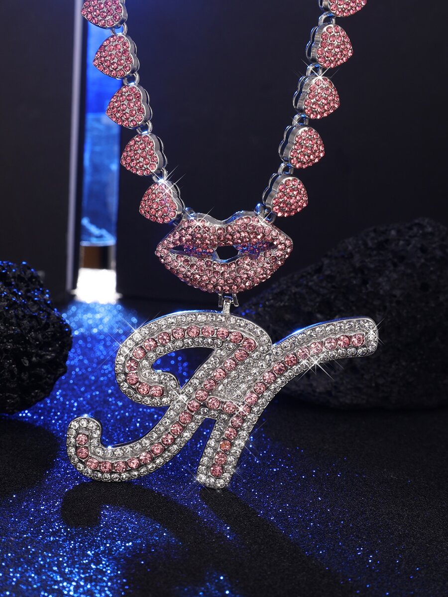Cadena de eslabones Iced Out para hombres y mujeres, Collares de cadena de letra de Hip Hop, Colgantes de encantos de boca de labios Joyas Regalos para chicas - Plateado - Ver 1