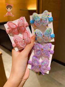 6pcs Girls' Candy-colored Butterfly Hair Ties And Towel Rings - Multicolor - View 4