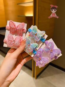 6pcs Girls' Candy-colored Butterfly Hair Ties And Towel Rings - Multicolor - View 3