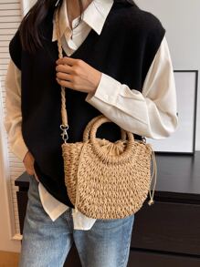 Minimalist Small,Women Bags For Vacation,Holiday,Straw Purse,Straw Beach Bag,Beach Necessities,Beach Essentials,Beach Stuff & Summer Essentials, Best Women Bag For Beach Vibes, Wicker Bag - Khaki - View 3