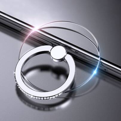 1piece Clear Decor Rhinestone Phone Ring Holder, Round Finger Ring Bracket Metal Finger Ring Buckle 360 Degrees Rotating Desktop Mobile Phone Universal Bracket