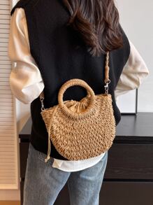 Minimalist Small,Women Bags For Vacation,Holiday,Straw Purse,Straw Beach Bag,Beach Necessities,Beach Essentials,Beach Stuff & Summer Essentials, Best Women Bag For Beach Vibes, Wicker Bag - Khaki - View 9