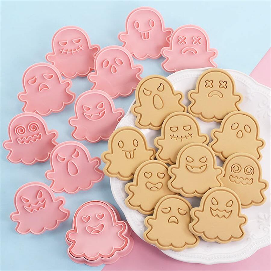 10pcs/set Cartoon Ghost Shaped Biscuit Mold, Food Contact Material 3d Cookie Cutter Press Tool For Cake Decorating & Baking - Pink - View 1