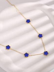 1Pc Fashion Stainless Steel Flower Decor Chain Necklace For Women For Daily Life - Blue - View 2