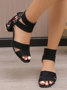 新款刺繡女性鞋,夏天露趾涼鞋,拉鍊,粗三色短高度高跟鞋,多用途踝靴 - 黑色 - 查看 2