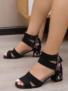 新款刺繡女性鞋,夏天露趾涼鞋,拉鍊,粗三色短高度高跟鞋,多用途踝靴 - 黑色 - 查看 5
