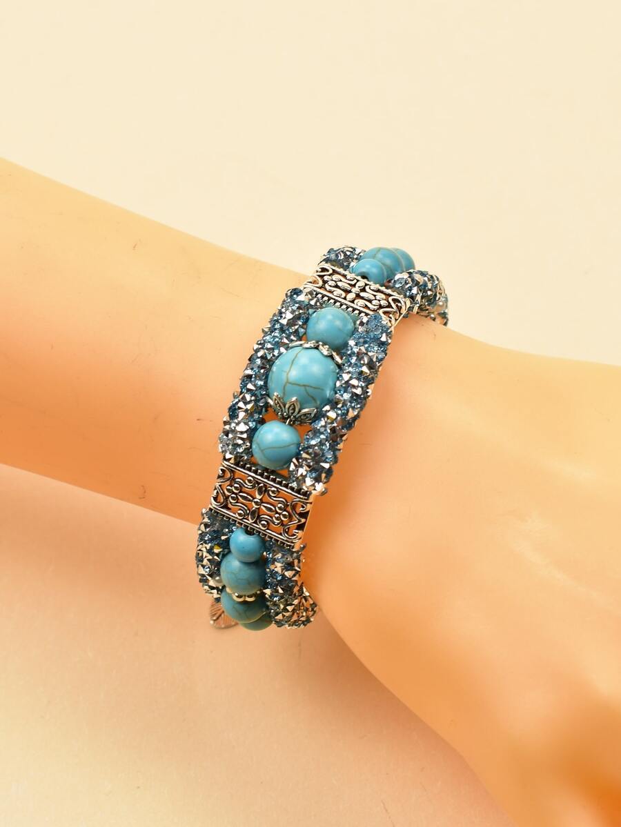 1pc Turquoise Three-layer Beaded Bracelet For Women's Vacation - Blue - View 1