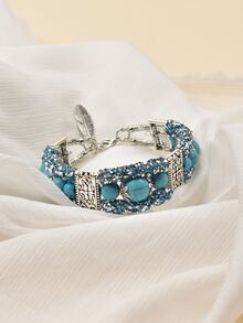 1pc Turquoise Three-layer Beaded Bracelet For Women's Vacation - Blue - View 3