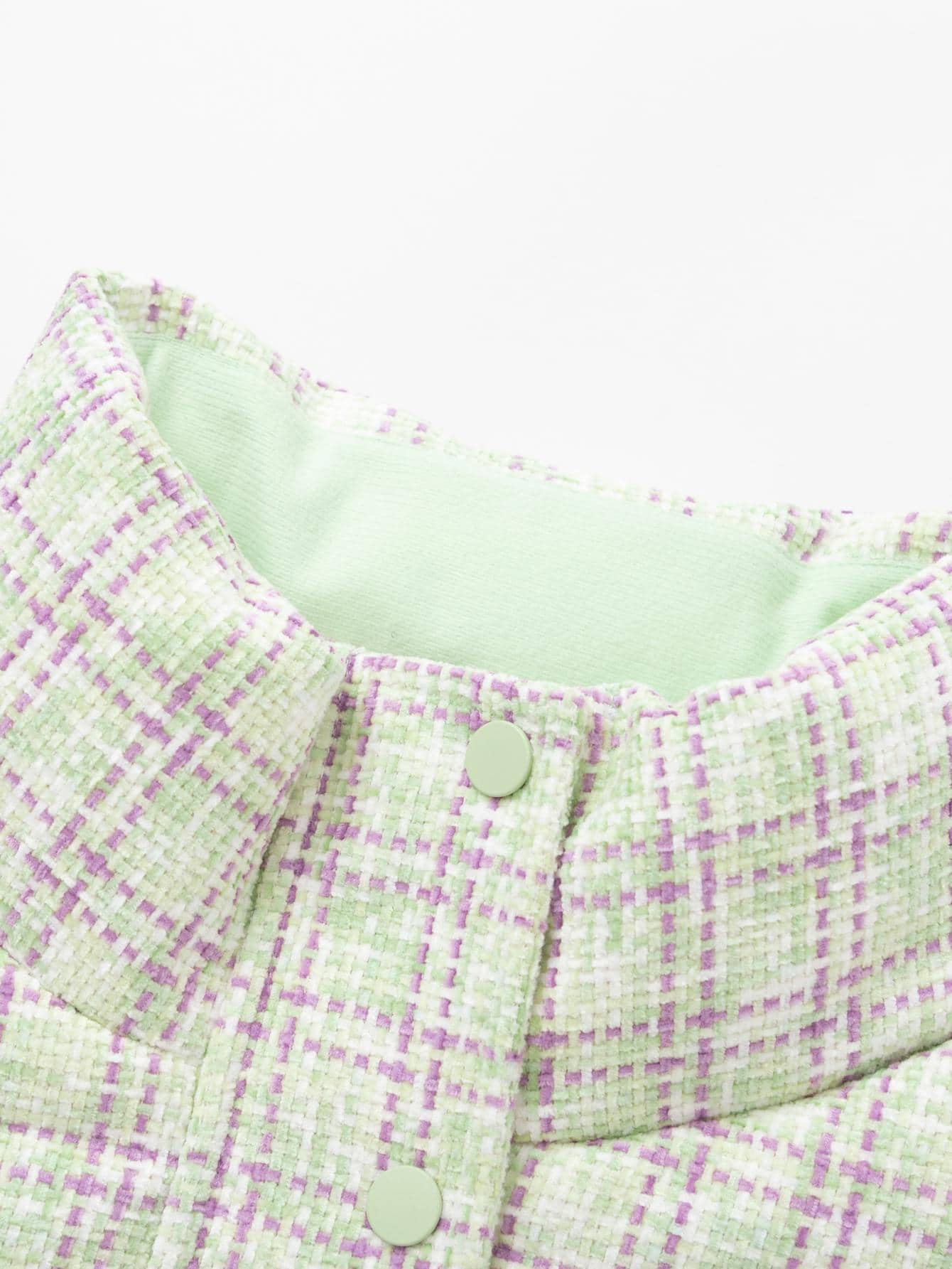 Balabala Tween Girl Plaid Pattern Pearls Patched Decor Thermal Padded Coat - Green - View 4