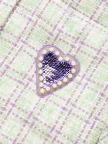 Balabala Tween Girl Plaid Pattern Pearls Patched Decor Thermal Padded Coat - Green - View 5