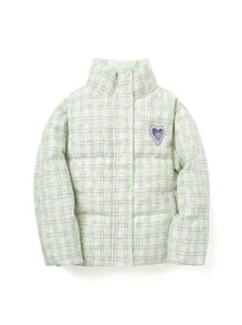 Balabala Tween Girl Plaid Pattern Pearls Patched Decor Thermal Padded Coat - Green - View 3