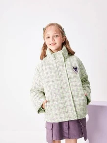 Balabala Tween Girl Plaid Pattern Pearls Patched Decor Thermal Padded Coat - Green - View 1