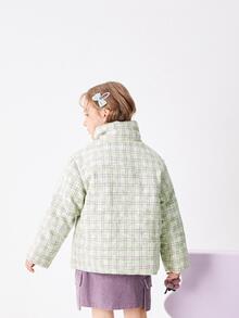 Balabala Tween Girl Plaid Pattern Pearls Patched Decor Thermal Padded Coat - Green - View 2