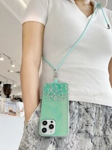 1 Stück Sternenhimmel Glitzer Harz DIY Lanyard Halskette, kompatibel mit iPhone & Android Handyhüllen, Bohr- & Schraubseil aus Nylon, leicht & tragbar - Grün - Übersicht 9