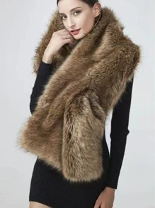 1pc Faux Fox Fur Wedding Shawl, Evening Dress Accessory, Versatile Holiday Party Shoulder Wrap Fall Clothes For Women - Chocolate Brown - View 1