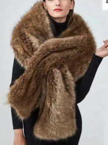 1pc Faux Fox Fur Wedding Shawl, Evening Dress Accessory, Versatile Holiday Party Shoulder Wrap Fall Clothes For Women - Chocolate Brown - View 2