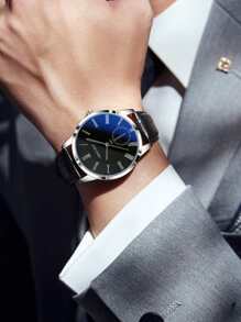 1 件商务男士腕表，配有时尚蓝光皮革表带，圆形表盘石英表适合日常生活和商务场合。作为返校学生的礼物 - 黑色 - 查看 2