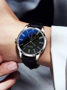 1 件商务男士腕表，配有时尚蓝光皮革表带，圆形表盘石英表适合日常生活和商务场合。作为返校学生的礼物 - 黑色 - 查看 3