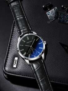 1 件商务男士腕表，配有时尚蓝光皮革表带，圆形表盘石英表适合日常生活和商务场合。作为返校学生的礼物 - 黑色 - 查看 6