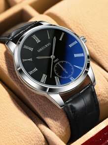1 件商务男士腕表，配有时尚蓝光皮革表带，圆形表盘石英表适合日常生活和商务场合。作为返校学生的礼物 - 黑色 - 查看 1