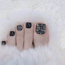 24入組黑色方形假腳趾甲按設計夏天足部美甲帶黑色礦物銀顏色金屬亮絲 - 黑色 - 查看 1