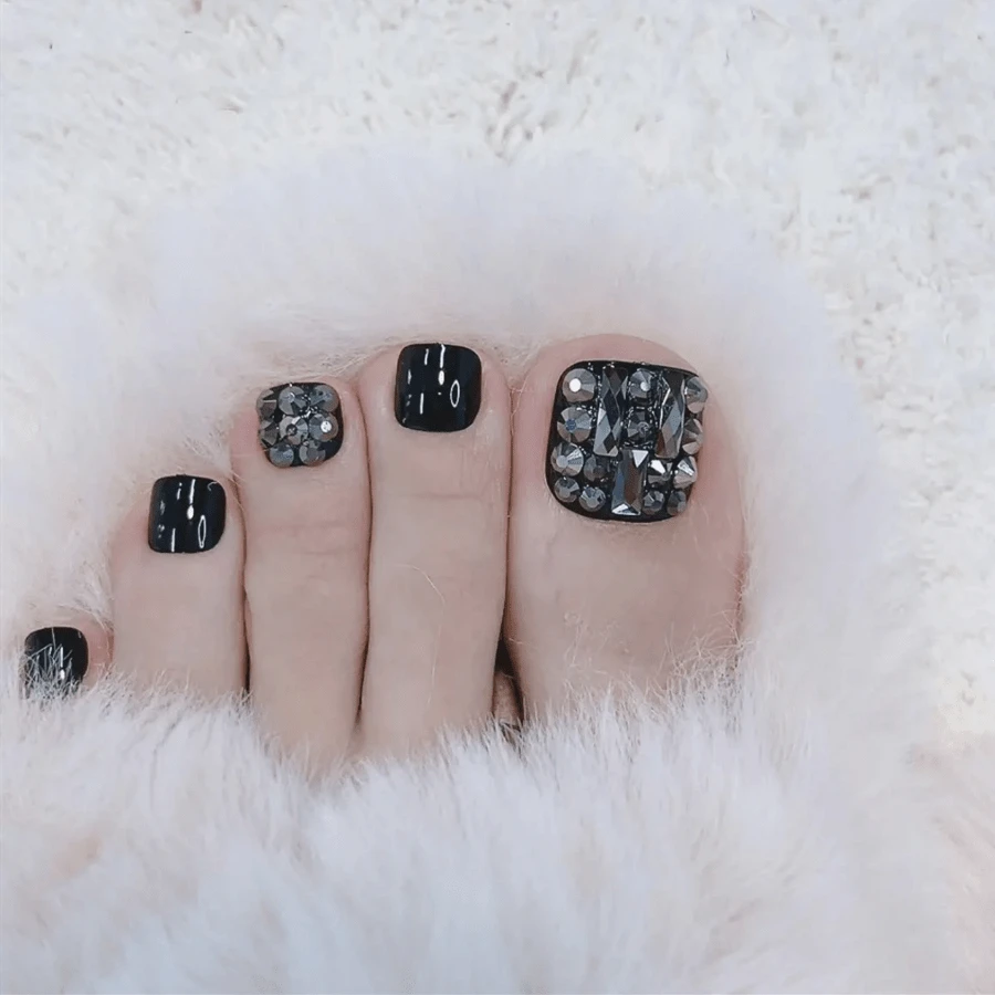 24入組黑色方形假腳趾甲按設計夏天足部美甲帶黑色礦物銀顏色金屬亮絲 - 黑色 - 查看 1