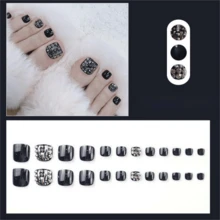 24入組黑色方形假腳趾甲按設計夏天足部美甲帶黑色礦物銀顏色金屬亮絲 - 黑色 - 查看 3