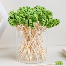 100pcs Hawaiian Style Party Decoration Toothpicks, Summer Party Decoration Bamboo Picks, Green Leaf Picks, Cactus Picks, Crystal Heart Picks, Crystal Ball Picks, Party Bar Decorative Picks, Fruit Picks Pastry Snack Skewers, Fruit Party Bamboo Picks, Suitable For All Kinds Of Parties