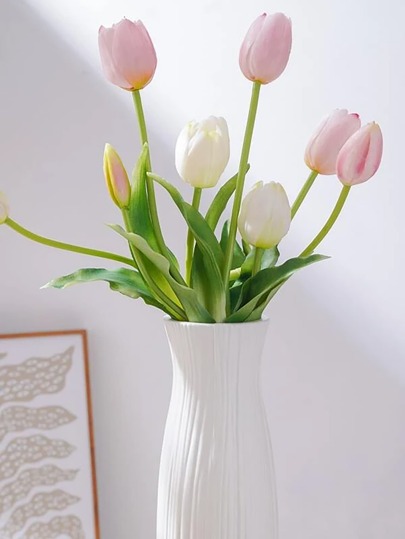 1pc Moderne Ceramic Like Finish Plastic Vase Home Shatterproof Textured Surface Cylindrical Non Breakable Lightweight Wedding Centerpiece Living Room Office Bureau All Season Birthday Graduation Flower Glass view 6