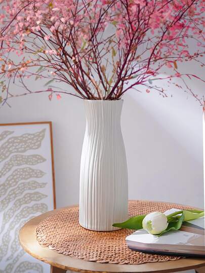 1pc Moderne Ceramic Like Finish Plastic Vase Home Shatterproof Textured Surface Cylindrical Non Breakable Lightweight Wedding Centerpiece Living Room Office Bureau All Season Birthday Graduation Flower Glass