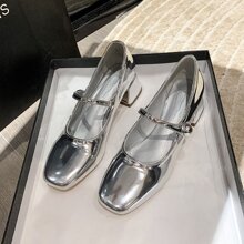 2023年春季新款女士瑪麗珍鞋，復古銀色Pu皮靴，方頭粗跟鞋 - 銀色 - 查看 4